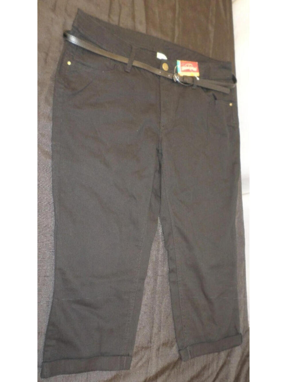 NEW DESIGNER FADED GLORY COTTON BLEND BELTED BLACK CAPRI PANTS SIZE 16
